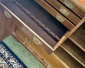 Late 40s/early 50s custom-made Japanese buffet. Four drawers for silver, multiple storage shelves. Brass lock. 