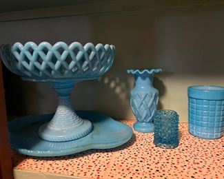 Antique Challinor & Taylor Blue Milk Glass Compote Bowl - open lace basket weave