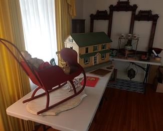 Victorian Child's Push Sled, several doll houses and antique dolls...