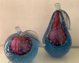 Vintage 1960s Blue Plum Murano Glass Apple Pear Bookends 