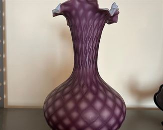 Vintage Plum Art Glass Hand Blown Diamond Quilted Ruffle Edge Vase