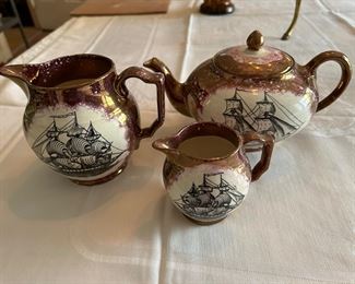 Gray's Pottery Pink Lustreware Clipper Ship Tea Set Hand Painted England