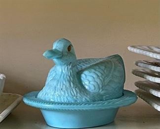 Westmoreland Blue Milk Glass Duck on Water Base Amber Eyes Covered Dish