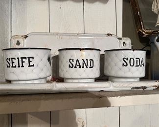 Vintage German Enamel Laundry and Cleaning Shelf/Organizer Sand Seife Soda Soap 