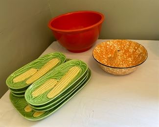 Fiesta, vintage corn plates, orange sponge ware mold...