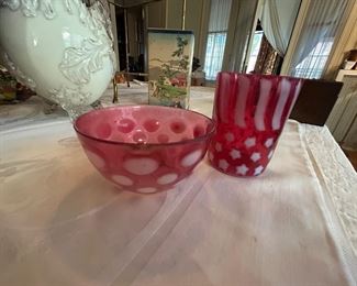 Fenton Cranberry Opalescent Glass STARS AND STRIPES Tumbler and Vintage Fenton Art Glass Opalescent Coin Dot Spot bowl old estateVintage Fenton Art Glass Opalescent Coin Dot bowl 