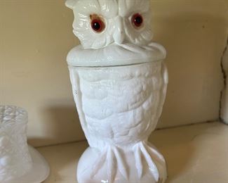 Antique Original Atterbury White Milk Glass Owl Jar 7" Tall 1880s 