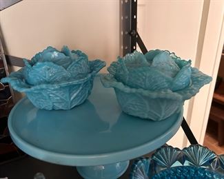 Portieux France Blue Opaque Milk Glass Cabbage Bowls With Lid 
