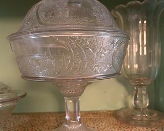 Antique 1870 Large Covered Pressed Glass Compote 'Canadian" Figural Pattern