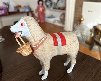 Woolly Poodle with Glass Eyes Holding Candy Basket
