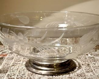 Etched Glass & Sterling Silver Bowl