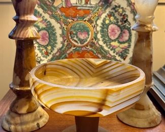 Alabaster Candlesticks & Footed Dish