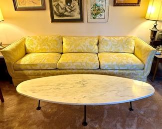 Henredon Damask Sofa & MCM Marble & Iron Coffee Table