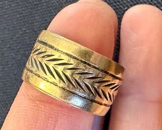 14K Thick Gold Band with Leaf Etchings