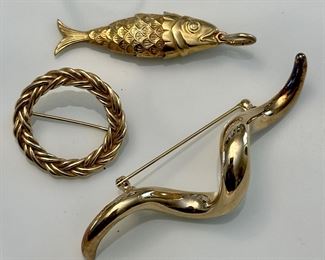 14K Reticulated Fish Pendant, 14K MCM Corkscrew Pin, 14K Wreath Like Gold Pin