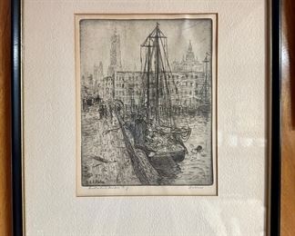 Leon Dolice Etching - Fulton Fish Market, NY