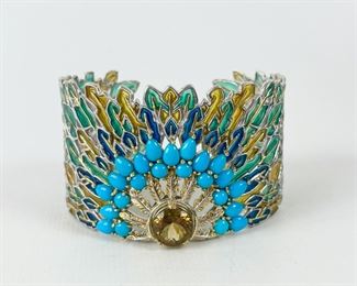 
Fine Sterling Silver Enamel Citrine & Sleeping Beauty Turquoise Peacock Cuff Bracelet