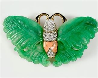 Keith Jay Lane Faux Jade Enamel & Rhinestone Butterfly Pin Brooch