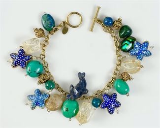 Fine Sajen Gilt Sterling Silver Enamel, Turquoise, Abalone & Quartz 8" Bracelet