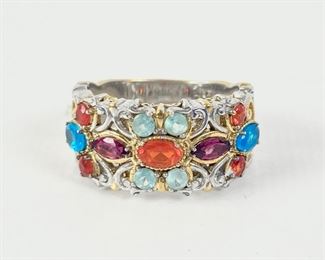Fine Sterling Silver Two Tone Gilt Reticulated Multi-Gemstone Ring 7.75, 6 Grams