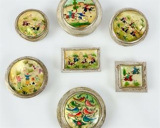 519 Gram Fine Persian Low Grade Silver Hand Painted Inlaid Mother Of Pearl Trinket Pill Boxes