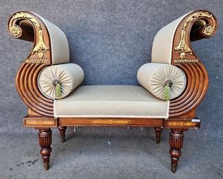Fancy Vintage Regency Style Window Bench W/ Decorative Brass Face hardware fitted Bolster Pillows