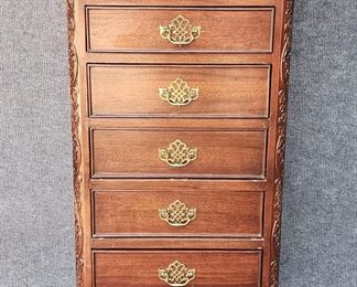 20th C Mahogany Tall Carved Bachelors Chest W/ Drawer Brass Pulls