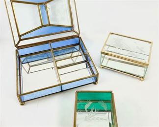 3 Vintage Etched Clear Glass Mirrored Brass Trinket Boxes
