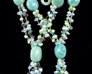 Fine Sajen Gemstone Chalcedony, Amazonite Tassel Knotted Necklaces & Bracelet 