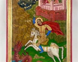Vintage 20th C European Signed Hand Painted Wooden Board Saint George Russian Icon Byzantine Style