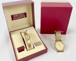 Vintage Seiko Ladies & Waltham Men's Gold Tone Quartz Wristwatches W/ Seiko Box