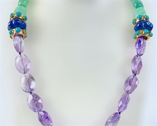 Lovely Lapis Lazuli Turquoise, Purple & Green Quartz 38" Long Statement Necklace