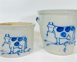 Vintage ELDRETH Pottery Salt Glazed Blue Cow Signed jars