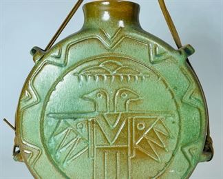 
Frankoma Glazed Terra Cotta Art Pottery Canteen Thunderbird Art Jug Flask Water With Cord