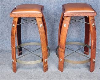 Pair Mission Arts & Crafts Bentwood & Leather Barrel Bar Stools 