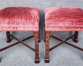 Pair 20th Century Hickory Chair Chippendale Style Velvet Wood Ottoman Stools