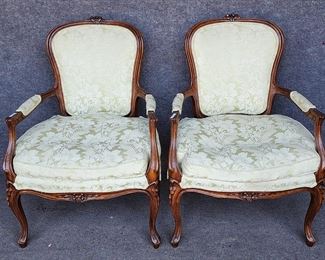 Pair 20th Century Hickory Chair French Armchairs Down filled Seats Brocade Textile