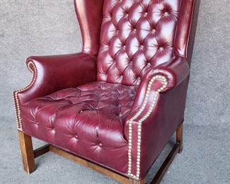 20th C Leather Tufted Back Wingback Chair Brass 