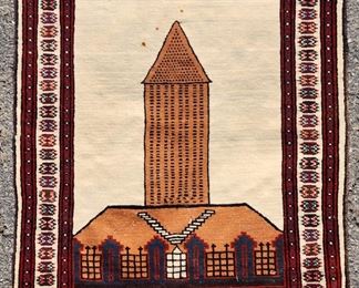 
Vintage Persian Prayer Hand Knotted Wool Rug: Red, Blue, Cream, Rust Blue & Green