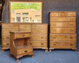 
20th C Bedroom Set Tall Chest, Low Chest, Mirror Side Table 