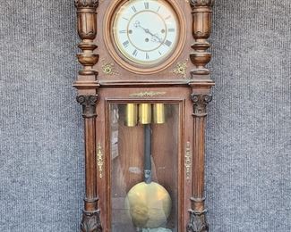 Antique Enamel Wall Clock Carved Case W/ Fluted Ionic Columns