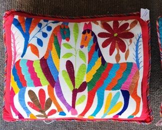Primitive Embroidered Abstract Animal Flowers & Birds Accent Pillows Multi-Colored 