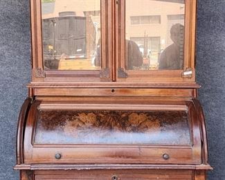 
Antique Victorian Burl Front Barrel Secretary Bookcases W/ Wood Shelves