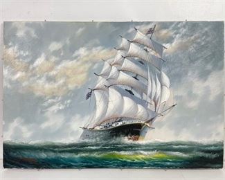 J James Oil Clipper Ship on Canvas. Signed 