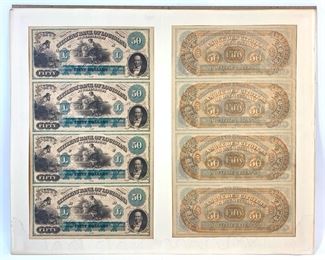 Mid 1800s Citizens Bank of Louisiana At Shreveport $50 Obsolete Banknote Uncut Sheets of Four