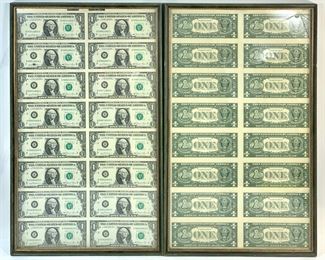 Two Framed Uncut Series 1981 $1 Federal Reserve Note Sheets of 16