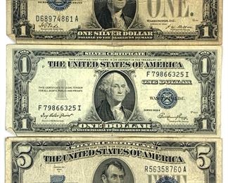 Series 1928, 1934 D, & 1935 E Blue Seal $1 & $5 Silver Certificates