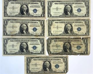 Seven Series 1935 F & G Blue Seal $1 Silver Certificates