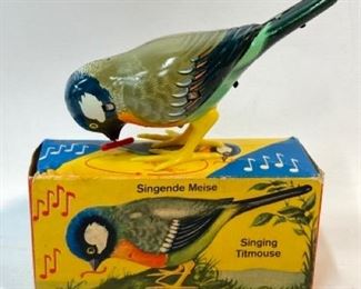 Vintage Kohler German Tin Wind up Mechanical Singing Titmouse Bird with Original Box -

