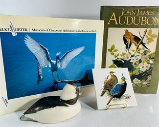 2004 John James Audubon by Margot Keam Cleary, 1988 Moments of Discovery: Adventures With American Birds by Eliot Porter, Hollow Metal Duck Figurine and a West German Pheasant Tile